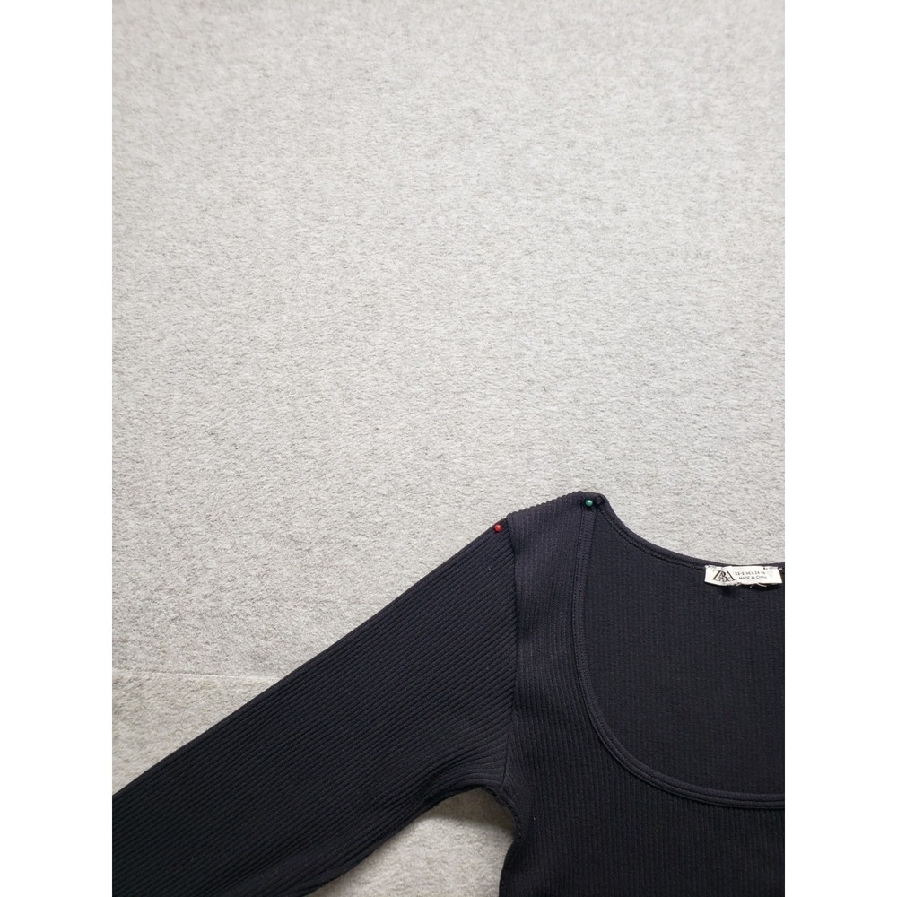 Zara Women Cropped Top XS Black Scoop Neck Long Sleeve Pullover Slim Logo Casual - Picture 2 of 16
